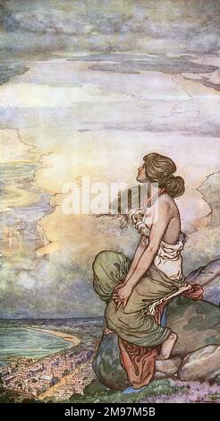Illustration d'Une chanson des Anglais, un ensemble patriotique de poèmes de Rudyard Kipling (publié pour la première fois dans le magazine illustré anglais). Capetown - Hail! Enraillé et aboyé d'une main à l'autre. Représentant une figure féminine allégorique représentant Capetown, en Afrique du Sud, regardant la mer et pensant au pays d'origine. Banque D'Images