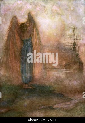 Illustration d'Une chanson des Anglais, un ensemble patriotique de poèmes de Rudyard Kipling (publié pour la première fois dans le magazine illustré anglais). Halifax -- dans la brume que mon gardien prows a mis en avant. Représentant un voilier sur la mer, avec une figure féminine allégorique debout au premier plan. Probablement une référence à Halifax, Nouvelle-Écosse, Canada. Banque D'Images