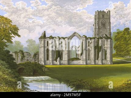 Vue sur les ruines de l'abbaye des Fontaines (cistercienne), près de Ripon, dans le nord du Yorkshire. Banque D'Images