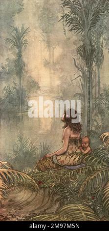Illustration d'Une chanson des Anglais, un ensemble patriotique de poèmes de Rudyard Kipling (publié pour la première fois dans le magazine illustré anglais). Auckland - dernier, le plus solitaire, le plus charmant, exquis, à part. Représentant une femme indigène et son bébé assis près d'une rivière à Auckland, en Nouvelle-Zélande. Banque D'Images