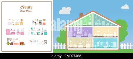Poupée House dans la section transversale avec place pour les meubles. Mobilier pour différentes chambres Illustration de Vecteur
