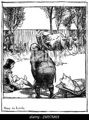 Illustration, Hans dans la chance -- juste alors un boucher est venu le long de la route qui a sillonnant un jeune cochon dans une brouette. Banque D'Images