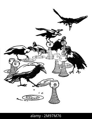 Illustration, les sept Ravens -- les sept Ravens sont arrivés et ont commencé à regarder leurs assiettes et leurs tasses. Banque D'Images