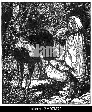 Illustration, Red Riding Hood -- quand elle est arrivée au bois, elle a rencontré un loup. Banque D'Images