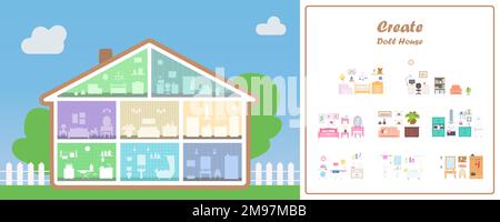 Poupée House dans la section transversale avec huit places pour le mobilier. Mobilier pour différentes chambres Illustration de Vecteur