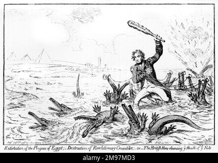 Caricature, extirpation des plaies de l'Égypte, destruction des crocodiles révolutionnaires; ou, le héros britannique nettoyant la bouche du Nil, par James Gillray. Représentant Horatio Nelson, après sa victoire dans la bataille du Nil. Les crocodiles représentent les navires de guerre français. Banque D'Images