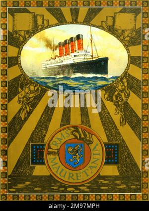 Le design attrayant de la couverture avant d'une brochure pour le Liner RMS Mauretania, conçu par Leonard Peskett et construit par Swan, Hunter & Wigham Richardson pour la British Cunard Line. Banque D'Images