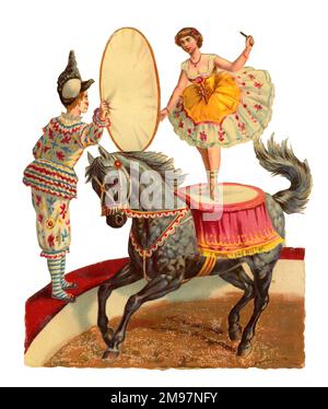 Victorian Scrap montrant des artistes de cirque dans un Big Top Circus Ring, y compris une dame qui se balance sur un cheval de spectacle et un clown tenant un panier. Banque D'Images