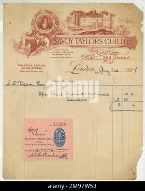 Savoy Taylors Guild, Londres -- facture et reçu pour le nettoyage d'un costume en deux pièces. Banque D'Images