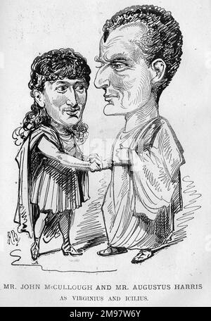 Caricature, l'acteur américain John Edward McCullough (à gauche, 1832-1885) comme Virdinius et l'acteur anglais Sir Augustus Harris (à droite, 1852-1896) comme Icilius, dans un renouveau de Virgius, une tragédie de cinq actes de Sheridan Knowles, à Drury Lane, Londres. Banque D'Images