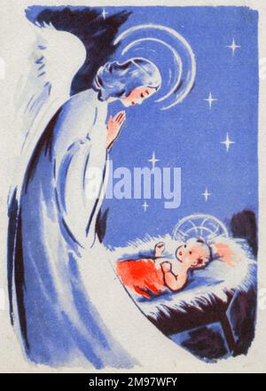 Carte de Noël, scène Nativité avec ange et bébé. Banque D'Images