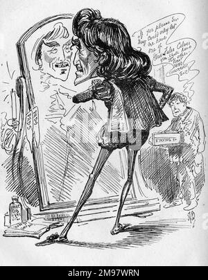 Caricature de l'acteur et comédien-gérant anglais Sir Henry Irving (1838-1905) -- la prise de Roméo! Une production a eu lieu au Lyceum Theatre, Londres, en 1882, avec Irving comme Romeo et Ellen Terry comme Juliet, malgré leur être un peu trop vieux pour de tels rôles jeunes. Banque D'Images