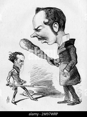 Dessin animé de l'acteur et directeur de théâtre anglais Edward O'Connor Terry (1844-1912) - Jack le géant-Killer. Vu ici à gauche, pointant l'épée de défi à un grand homme avec un club, Edward Ledger (18??-1921), rédacteur du journal théâtral de l'époque. Banque D'Images