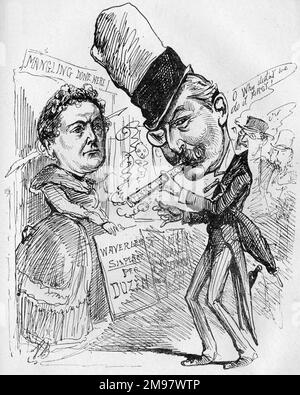 Caricature, Mary Elizabeth Bradon (1835-1915), romancière anglaise populaire, et Charles Henry Ross (1835-1897), journaliste, artiste et romancier anglais -- Fair Boiling-Down Fiction Trade. Il est dit que chaque armoire appartenant à Mlle Bradon et à M. Ross a un roman squelette. Banque D'Images