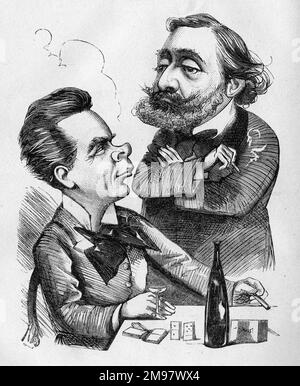 Caricature de Benoit-constant Coquelin (1841-1909), acteur français de premier plan, et de Leon Gambetta (1838-1882), politicien français de premier plan. Comédie et politique. Banque D'Images