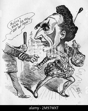 Caricature de Sir Arthur Wing Pinero (1855-1934), acteur, dramaturge et metteur en scène anglais. Vu ici comme un clown de pantomime de Noël au St James's Theatre, Londres, voler un joint de viande étiqueté le Squire, une référence à son utilisation de l'intrigue du roman de Thomas Hardy, loin de la foule de mading. Banque D'Images