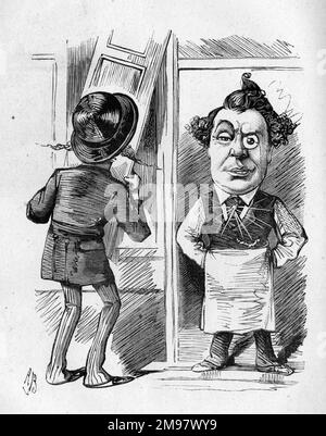 Caricature de John Lawrence Toole (1830-1906), comédien anglais, directeur de théâtre et producteur -- maintenant, George, vers le bas avec les volets, ou le public commencera à penser que nous avons pris notre retraite des affaires. Banque D'Images