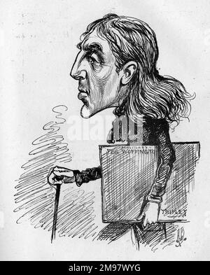 Dessin animé de l'acteur-gérant anglais Sir Squire Bancroft (1841-1926) dans le personnage de Triplet dans une production de masques et visages, écrit en 1852 par Charles Reade et Tom Taylor. Banque D'Images