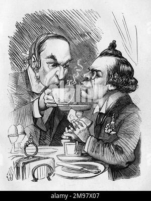 Caricature de W E Gladstone (1809-1898), premier ministre libéral, et John Lawrence Toole (1830-1906), comédien anglais, acteur-gérant et producteur de théâtre. Politique et comédie. Banque D'Images