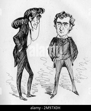 Caricature, Hamlets rivaux. Montrant Henry Irving (1838-1905) et Edwin Booth (1833-1893), un Hamlet anglais et un Hamlet américain qui se regardent de façon cyclique. Banque D'Images