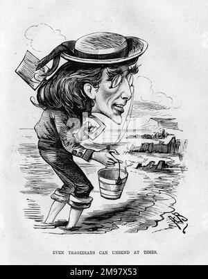 Caricature de Henry Irving (1838-1905), acteur-directeur anglais, détente au bord de la mer pendant les vacances d'été. Banque D'Images