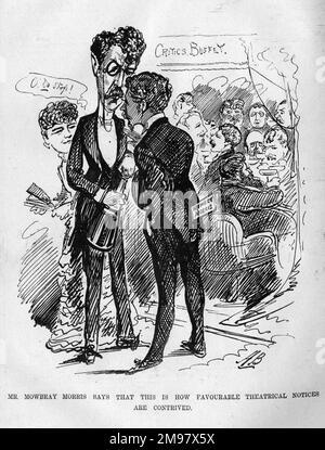 Caricature, Sir Squire Bancroft (1841-1926), acteur-directeur anglais, et Mowbray Morris, critique de théâtre, avec d'autres critiques à l'arrière-plan appréciant la nourriture et les boissons au buffet des critiques. La suggestion est que c'est comment obtenir des avis favorables. Banque D'Images