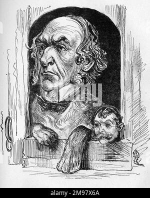 Caricature de W E Gladstone (1809-1898), premier ministre libéral, et de Lord Randolph Churchill (1849-1895) comme chiens dans un chenil -- dignité et impudence. Churchill faisait sa marque à Westminster en critiquant les membres des deux partis politiques. Banque D'Images