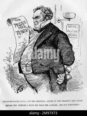 Caricature, John Bull en tant que responsable de scène, la tragédie du Phoenix Park. Un commentaire sur les meurtres de Lord Frederick Cavendish et Thomas Henry Burke à Phoenix Park, Dublin, le 6 mai 1882 et sur l'arrestation et le procès ultérieurs des suspects. Banque D'Images