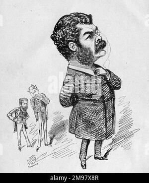 Caricature de Sir Arthur Seymour Sullivan (1842-1900), compositeur et musicien, avec ses collègues W S Gilbert (1836-1911) et Richard d'Oyly carte (1844-1901) en arrière-plan, à l'occasion de sa carrière de chevalier. Il faut espérer que Sir Arthur Sullivan ne tourne pas le dos à ses vieux amis maintenant qu'il est exalté. Banque D'Images