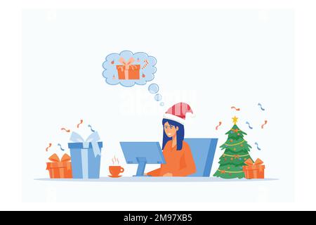 Femme achète des cadeaux de Noël magasin en ligne portant le chapeau du Père Noël. Bonne année shopping en ligne de la maison, COVID-19 précaution, vecteur plat moderne malade Illustration de Vecteur