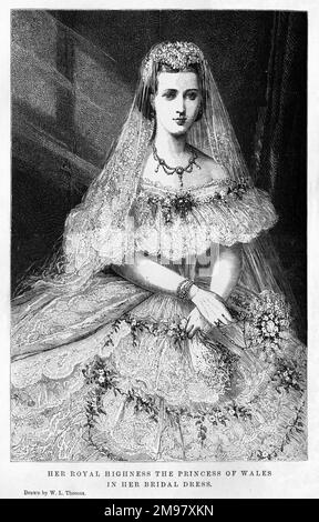 La reine Alexandra, anciennement la princesse Alexandra du Danemark (1844 - 1925), puis la princesse de Galles, consort du roi Edward VII, dans sa robe de mariée pour son mariage à Albert Edward, prince de Galles, le 10 mars 1863 à St. George's Chapel, Windsor. Banque D'Images