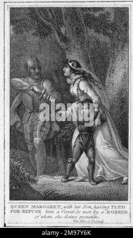 La reine Margaret d'Anjou, épouse du roi Henri VI, fuyant dans une forêt après la bataille de Hexham (15 mai 1464, guerres des Roses) avec son fils, le prince Edward, rencontre un voleur et demande sa protection. Cette légende a peu de fondement en réalité, comme Margaret n'était pas en Angleterre au moment de la bataille. Banque D'Images