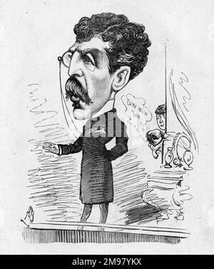 Caricature de l'acteur-gérant anglais Sir Squire Bancroft (1841-1926) -- il a fait sa marque dans le cercle supérieur. Son épouse actrice, Effie Bancroft (1839-1921), se déplace de derrière un pilier, tenant un chien aboyant. Banque D'Images