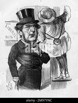 Caricature, sir William Vernon Harcourt (1827-1904), secrétaire à l'intérieur du gouvernement libéral nouvellement élu de Gladstone. Une réélection a été nécessaire à sa nomination, il a perdu son siège par un petit nombre de voix et un autre siège a dû être trouvé pour lui. Ici, un chef d'autobus demande à quelqu'un de faire de la place pour lui sur l'omnibus parlementaire. Banque D'Images