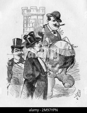 Caricature, George Parkes, le nouveau directeur du théâtre Elephant and Castle, Londres. Deux autres directeurs de théâtre locaux, William Holland et Robert Edwin Villiers, disent : « Ind how You Go, Baron ». Banque D'Images