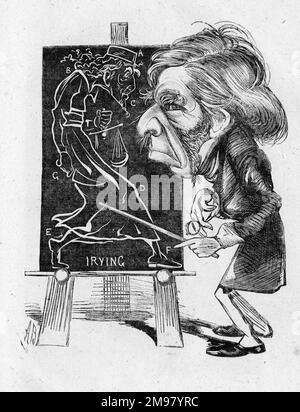 Caricature de John Ruskin (1819-1900), critique d'art anglais -- un commentaire sur sa critique d'Henry Irving, vu ici dans un dessin sur un tableau noir dans le personnage de Shylock dans le marchand de Venise. Banque D'Images