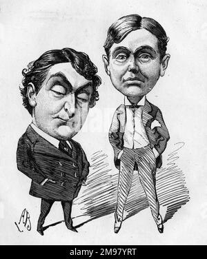 Caricature de David James (à gauche, 1839-1893), comédien anglais, et Thomas Thorne (à droite, 1841-1918), acteur et directeur de théâtre anglais, co-fondateurs du Théâtre Vaudeville, Londres. Ils se demandent quelle production mettre sur la prochaine, et de décider sur quelque chose par le dramaturge populaire Henry James Byron. Banque D'Images