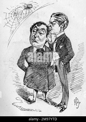 Caricature, Thomas Thorne (à droite, 1841-1918), acteur et directeur de théâtre anglais, et David James (à gauche, 1839-1893), comédien anglais. Ils ont été les directeurs fondateurs du Théâtre Vaudeville, Strand, Londres. L'araignée dans le coin supérieur est peut-être une référence à l'architecte du bâtiment du théâtre, C J Phipps. Banque D'Images