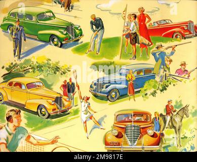 Illustration de brochure, voiture Oldsmobile, montrant des personnes qui participent à une gamme d'activités sportives. Banque D'Images