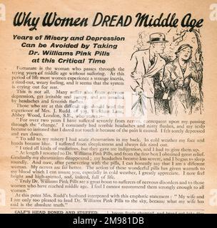 Publicité, Dr Williams pilules roses pour les gens pâles. Pourquoi les femmes redouaient le milieu de l'âge. Des années de misère et de dépression peuvent être évitées. Les pilules de médicaments brevetés contenaient de l'oxyde de fer et du sulfate de magnésium. Banque D'Images