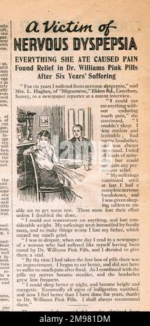 Publicité, Dr Williams pilules roses pour les gens pâles. Une victime de dyspepsie nerveuse. Tout ce qu'elle mangeait a causé de la douleur. A trouvé le soulagement après six ans de souffrance. Les pilules de médicaments brevetés contenaient de l'oxyde de fer et du sulfate de magnésium. Banque D'Images