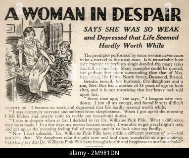 Publicité, Dr Williams pilules roses pour les gens pâles. Une femme désespéré. Dit qu'elle était si faible et déprimée que la vie semblait à peine utile pendant. Les pilules de médicaments brevetés contenaient de l'oxyde de fer et du sulfate de magnésium. Banque D'Images