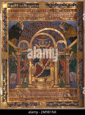 Les Évangiles d'Henry le Lion, ordre de Saint Benoît. Le Saint-empereur romain Henri II (973-1024) sur son trône. Henry le Lion (Heinrich der Lowe; 1129–1195) était membre de la dynastie Welf et duc de Saxe, comme Henry III, à partir de 1142, et duc de Bavière, comme Henry XII, à partir de 1156, qui duchies il a tenu jusqu'en 1180. Commandé à l'origine pour l'autel de la Vierge Marie à la cathédrale de Brunswick), ce livre de gospel a été acheté par le gouvernement allemand à Sotheby's de Londres en 1983 pour plus de £8m. À 266 pages, dont 50 illustrations pleine page, le livre est considéré comme un chef-d'œuvre du 1 Banque D'Images