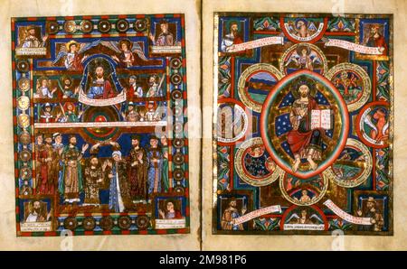 Les Évangiles d'Henry le Lion, ordre de Saint Benoît. L'image du Couronnement d'Henry et Matilda et la création du monde. Henry le Lion (Heinrich der Lowe; 1129–1195) était membre de la dynastie Welf et duc de Saxe, comme Henry III, à partir de 1142, et duc de Bavière, comme Henry XII, à partir de 1156, qui duchies il a tenu jusqu'en 1180. Commandé à l'origine pour l'autel de la Vierge Marie à la cathédrale de Brunswick), ce livre de gospel a été acheté par le gouvernement allemand à Sotheby's de Londres en 1983 pour plus de £8m. À 266 pages, y compris 50 illustrations pleine page, le livre est considéré comme un Banque D'Images