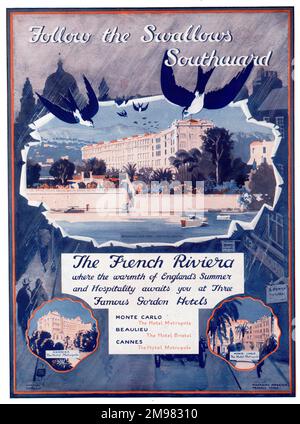 Publicité pour la Côte d'Azur, avec les hôtels Gordon recommandés à Monte Carlo, Beaulieu et Cannes -- suivre les Swallow vers le sud. Banque D'Images