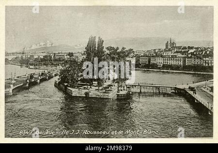 Genève, Suisse - Ile J J Rousseau et vue lointaine du Mont blanc. Banque D'Images