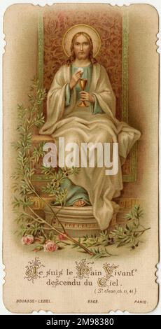 Carte de Dévotion Chromolithograph - Jésus assis - carte souvenir pour la communion 1st de Raoul Pannier à l'église Saint-Éloi (Eligius, aussi Eloy ou Loye), Dunkerque, France, le 25th mai 1905 Banque D'Images