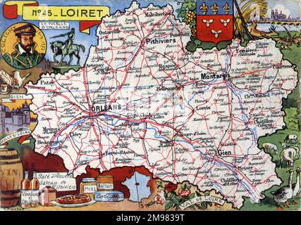 Carte du département français de Loiret - No.45, avec des illustrations en incrustation représentant Sully sur Loire, des céramiques de Gien, des denrées alimentaires d'Orléans et un portrait en incrustation de Gaspard II de Coligny, seigneur de Chatillon, un noble et un amiral français datant de 16th ans, On se souviendra mieux d'un dirigeant Huguenot discipliné dans les guerres de religion françaises. Banque D'Images