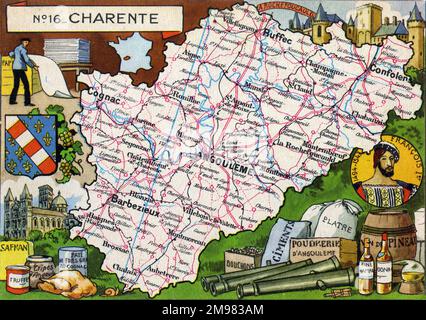 Carte du département français de la Charente - No.16, avec des illustrations détaillées de l'industrie de la production de papier, la Rochefoucauld, des produits et des produits manufacturés d'Angoulême et un portrait en incrustation du roi François Ier de France (1494-1547) de la branche d'Angoulême de la Maison de Valois. Banque D'Images