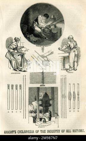 Knight's Cyclopedia of the Industry of All Nations, détaillant le contenu de la grande exposition de Londres. Montrant les différentes étapes de fabrication de l'aiguille. Banque D'Images